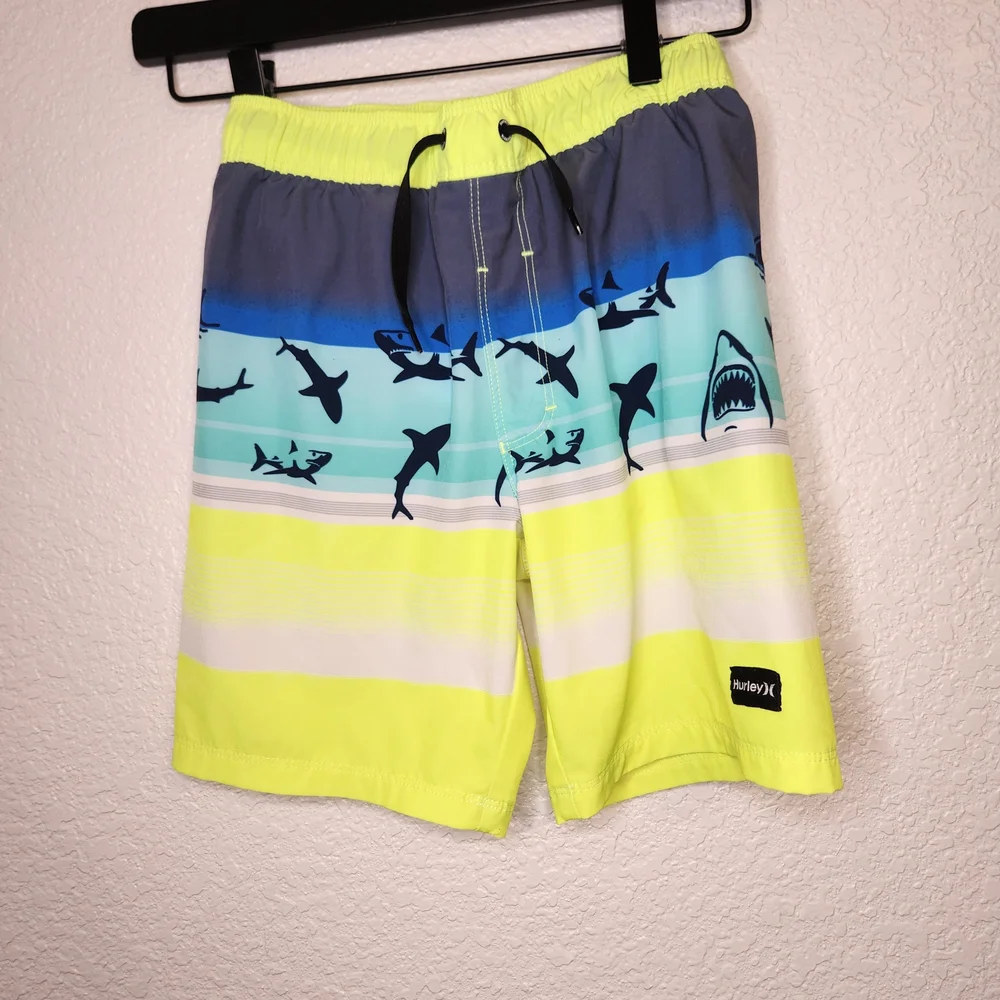 Hurley Boy's 7 8 Way Stretch UPF+50 Drawstring Waist Swim Short Shark Print